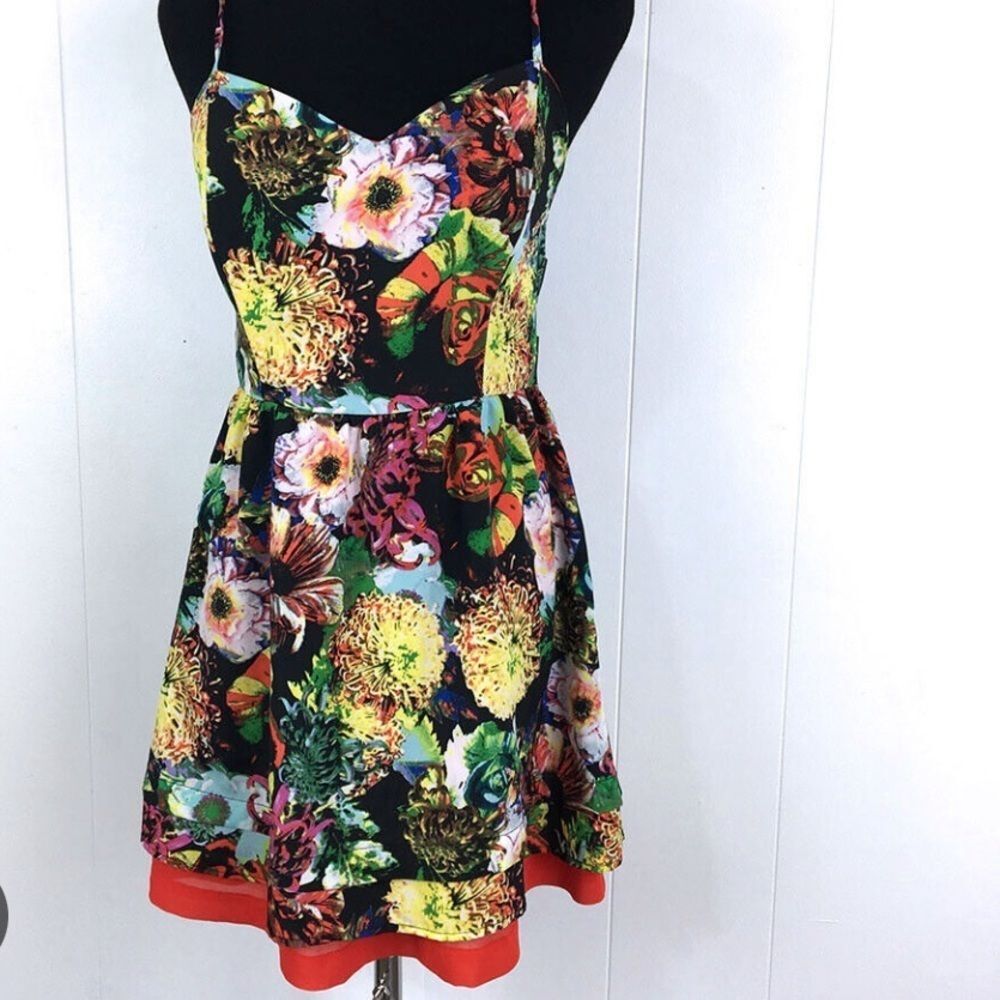GB Fit Flare Sundress Black Floral Lined Midi red detailing and cage back Size S